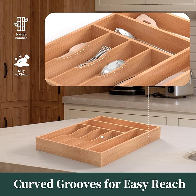 Bamboo Silverware Organizer, Kitchen Drawer Organizer, Utensil Holder, Cutlery Tray & Spoon Flatware Storage with Grooved Drawer Dividers (12.5''W x 16.5''D)