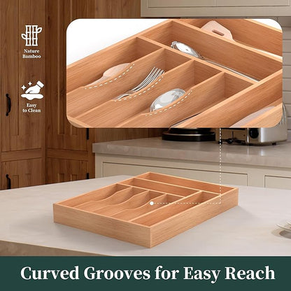 Bamboo Silverware Organizer, Kitchen Drawer Organizer, Utensil Holder, Cutlery Tray & Spoon Flatware Storage with Grooved Drawer Dividers (12.5''W x 16.5''D)
