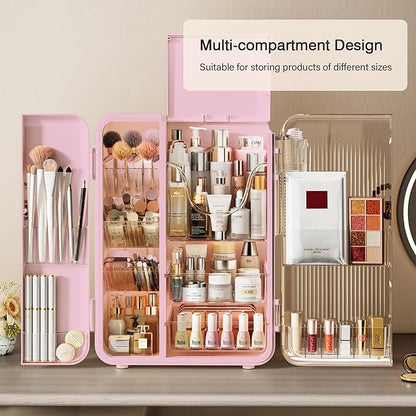 SEE SPRING Makeup Organizer for Vanity, Large Capacity Skincare Organizers and Storage with Drawers, Dustproof Cosmetic Display Case for Bathroom Countertop, Trendy Teen Girl Gifts, Pink