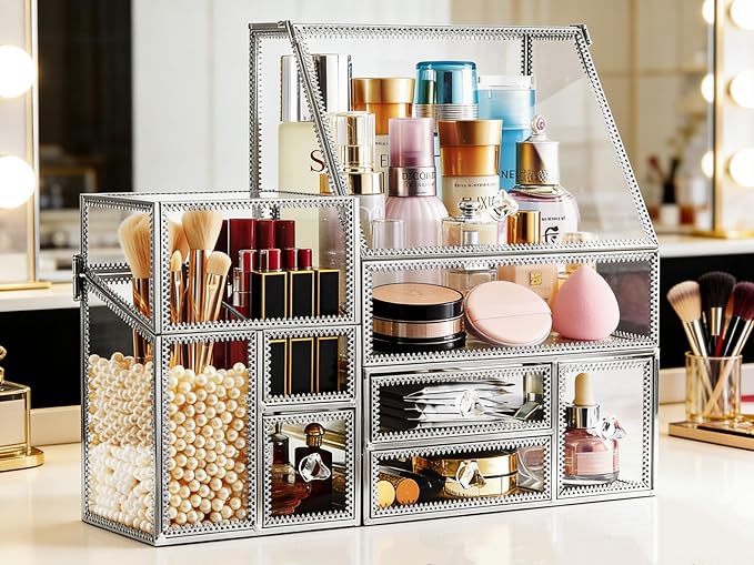 Tempered Glass Makeup Organizer with Heart Shaped Metal Frame, Large Cosmetic Storage Drawer Cabinet, Dustproof Vanity Display Case for Lipstick Makeup Brush Skincare Bathroom Bedroom
