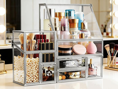 Tempered Glass Makeup Organizer with Heart Shaped Metal Frame, Large Cosmetic Storage Drawer Cabinet, Dustproof Vanity Display Case for Lipstick Makeup Brush Skincare Bathroom Bedroom