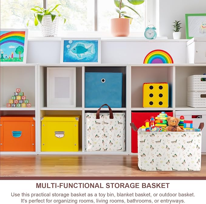 Mallard Duck Storage Basket Collapsible Waterproof Canvas Toy Storage Bin Basket with Leather Handles Farmhouse Wild Green Head Ducks Hunting Nursery Decor for Kids Bedroom Clothes Toys Books