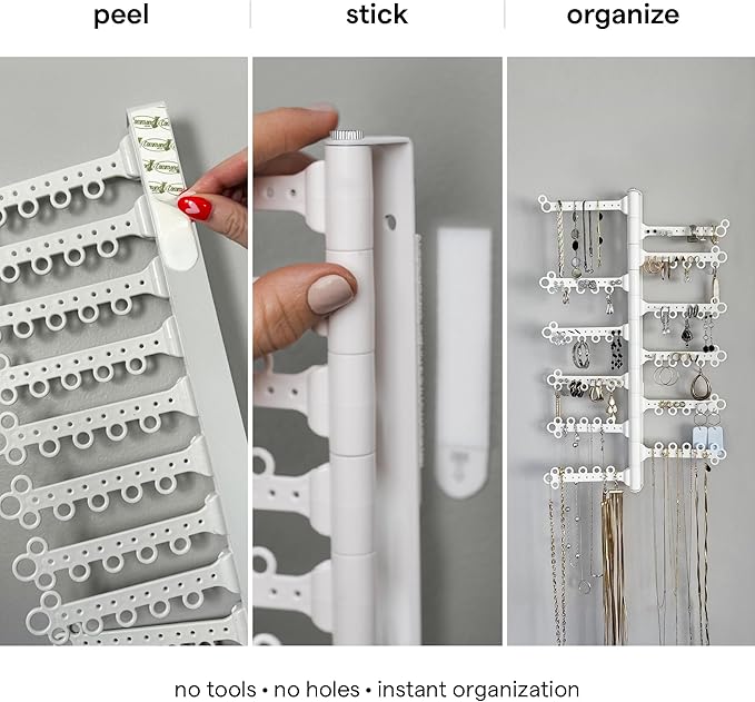 AllHungUp 12-Tier Wall Jewelry Organizer Wall Mounted Jewelry Organizer Necklace Holder Wall Mount Hanging Necklace Organizer Jewelry Hanger Wall Mounted Earring Holder Display Earring Organizer White