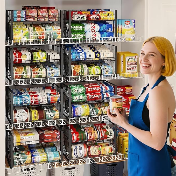 JKsmart 2-Tier Stackable Rack Organizer for Pantry, Adjustable Dispenser Holds Up to 120 Cans, Storage Holder for Various Ounces of Canned Drinks, Black, 4 Pack