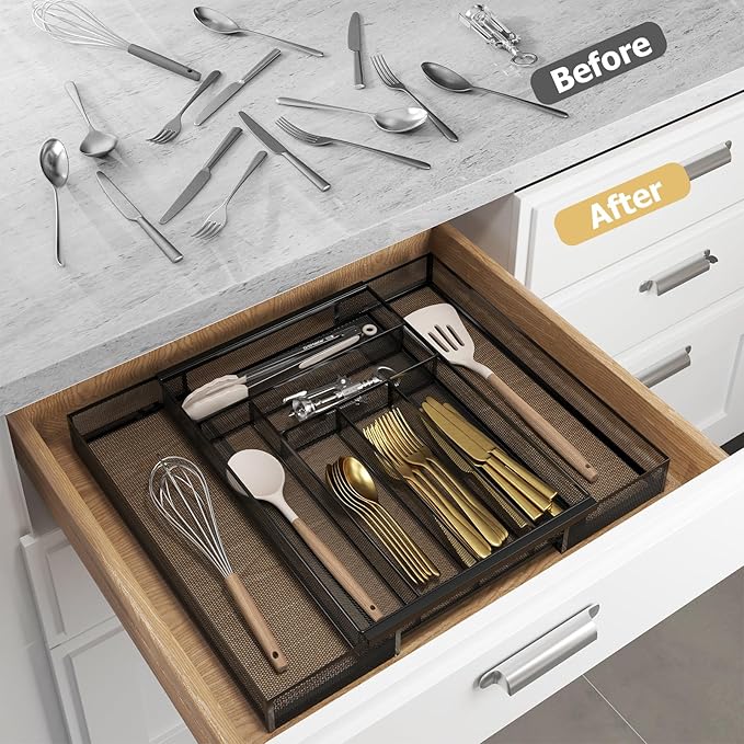 Sedegn Silverware Organizer Metal Mesh, Large Drawer Organizer, Utensil Cutlery Tray for kitchen drawers, Expandable Flatware Organizer with 8 Compartment Black 11.6"~20" x 17.3"