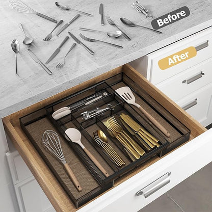 Sedegn Silverware Organizer Metal Mesh, Large Drawer Organizer, Utensil Cutlery Tray for kitchen drawers, Expandable Flatware Organizer with 8 Compartment Black 11.6"~20" x 17.3"