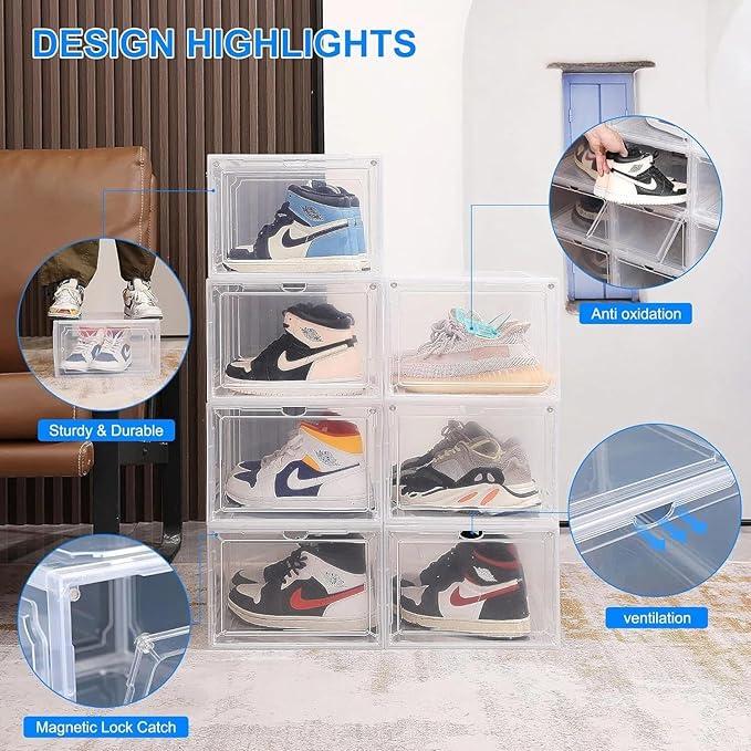 for 1 Pack Shoe Boxes Clear Plastic Stackable Sneaker Containers Magnetic Shoes