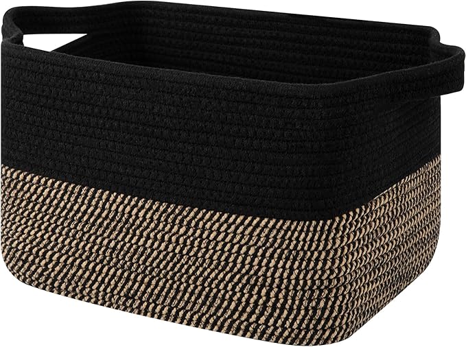 OIAHOMY Woven Storage Basket for Shelves, Rectangle Cotton Rope Baskets for Organizing, 13 x 10 x 9 in, Storage Bins for Dog Toys,Towel,Books,Gift,Black and Brown