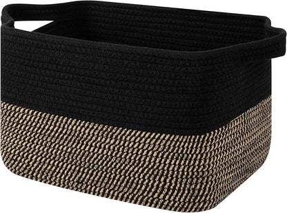 OIAHOMY Woven Storage Basket for Shelves, Rectangle Cotton Rope Baskets for Organizing, 13 x 10 x 9 in, Storage Bins for Dog Toys,Towel,Books,Gift,Black and Brown