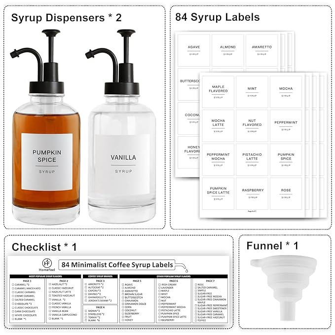 Glass Syrup Pump Bottle Dispenser for Coffee Bar Accessories with 84 Labels (Set of 2), 16.9 oz, Matte Black