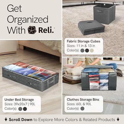 Reli. 90L Under Bed Storage Containers (8 Pack) | Closet Organizer with Clear Window | Underbed Storage Bins for Towels, Sweaters, Linens | Large Organizer for Closet (Gray)