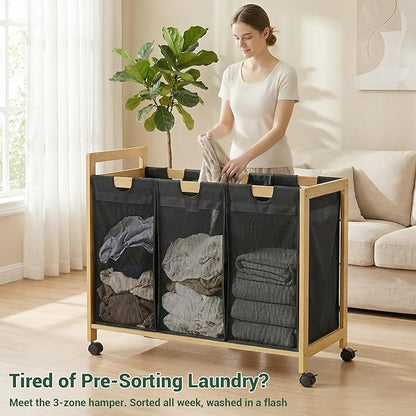 Homykic 250L Laundry Sorter Cart with Wheels, 3-Section Rolling Laundry Basket with Removable Bags, 66 Gal Large Laundry Hamper Organizer, Heavy Duty Bamboo Frame, Water-Resistant, Black