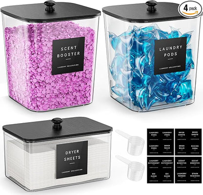 Moforoco 3 Pack Laundry Pods Container, Clear Laundry Room Organization Containers,Large Detergent Powder Storage, Black Wooden Lids & Labels, Acrylic Pods Holder