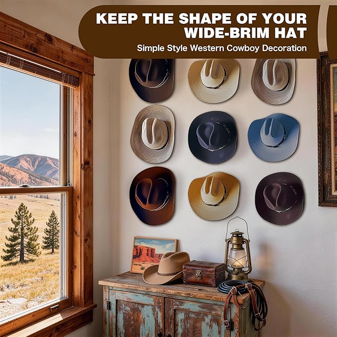 Cowboy Hat Holder Rack for Wall, 8 Pack Hat Hooks with Non-Damage Brim Design, Rustic Wood Hats Hanger on Wall to Keep Original Shape of Hats, for Home, Closet, Entryway, Cabin, Western Room Decor