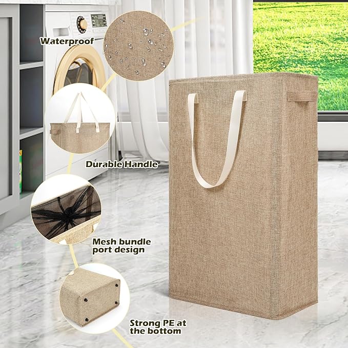 Odonata Slim Laundry Hamper Handles Collapsible Laundry Basket Thin Dirty Clothes Basket Narrow Laundry Bag Foldable Dirty Hamper 45L (Light Khaki)