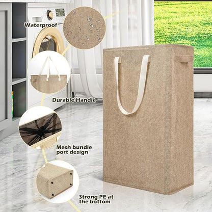 Odonata Slim Laundry Hamper Handles Collapsible Laundry Basket Thin Dirty Clothes Basket Narrow Laundry Bag Foldable Dirty Hamper 45L (Light Khaki)