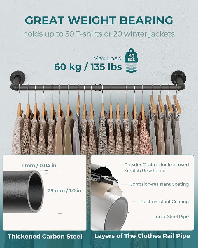 OROPY Industrial Pipe Clothes Rack Wall Mounted Set of 2, 38.4 inches Heavy Duty Iron Pipe Clothing Garment Rail, Multi-Purpose Clothing Hanging Rod for Laundry Room and Closet Storage