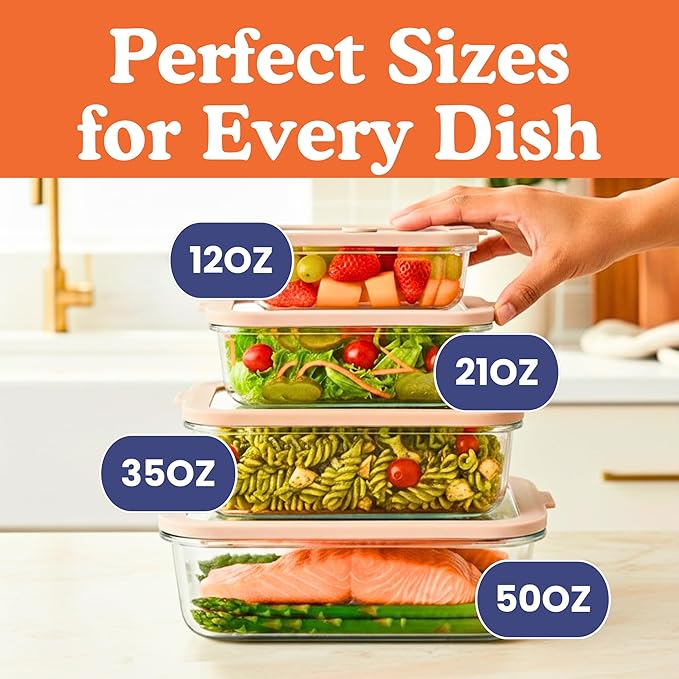 Ziruma Non-Toxic 4 Pack - Glass Food Storage Containers With Lids – Plastic Free, Airtight Meal Prep Containers, Multi-Size (12, 21, 35, 50 Oz), Microwave & Freezer Safe