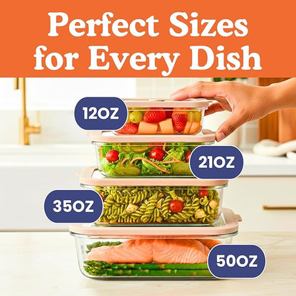 Ziruma Non-Toxic 4 Pack - Glass Food Storage Containers With Lids – Plastic Free, Airtight Meal Prep Containers, Multi-Size (12, 21, 35, 50 Oz), Microwave & Freezer Safe