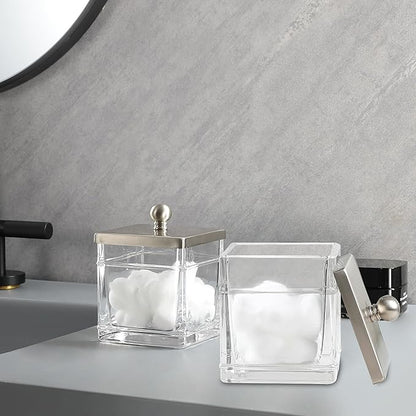 Glass Cotton Jar Holder 2 Pack– Satin Nickel Lid, Elegant Bathroom Storage Canister for Qtips, Cotton Balls, Floss, Makeup Organizer, Vanity & Bathroom Organization