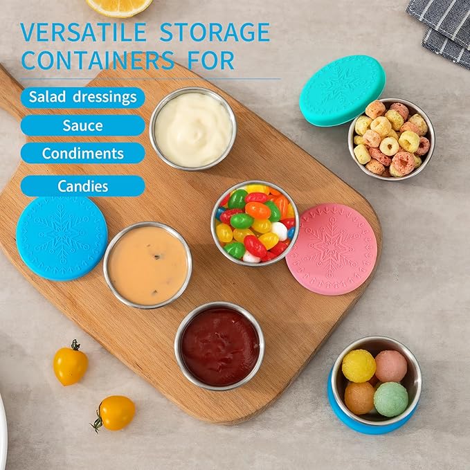 Freshmage [6 Pack 2.4oz] Stainless Steel Dressing Container with Silicone Lids, Reusable Leakproof Condiment Containers Small Sauce Container Sets