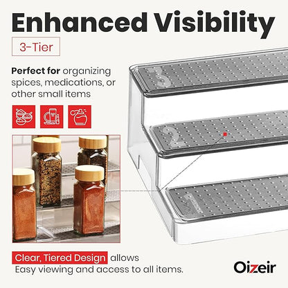 Oizeir Expandable Spice Rack Organizer for Cabinet (2 Pack), 3-Tier Clear Tiered Shelf, Non-Slip Adjustable Spice Cabinet Organizer for Kitchen Pantry, Medicine, Seasoning & Bottle Storage