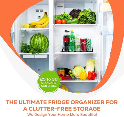 Drink Organizer for Fridge. Upgraded Drink Holder for Fridge with Larger Stopper Height. Width Adjustable Automatic Soda Can Organizer with Lock. Holds 25 Cans (5 Rows, Black)