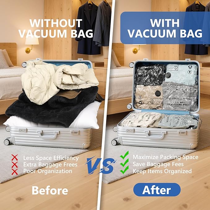 NESCCI Travel Vacuum Bags for Clothing with Rechargeable Wireless air Pump,12 Pack Compression Packing Bags for Luggage Suitcase,Carry-on Size Space Saver Vacuum Storage Bags