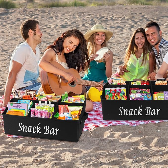 Snack Organizer for Countertop, 6 Compartment Snack Storage with Side Handles, 2 Pack Fabric Snack Basket Container, Lightweight Snack Bar Station Organizer, Kitchen Pantry Storage - Black