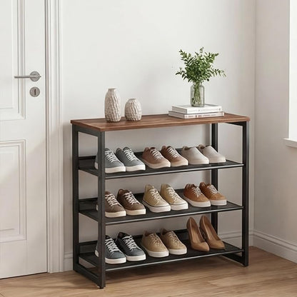 Garden 4 you Shoe Rack for Entryway 4 Tiers 11.8" D x 25" W x 28" H, Metal Shoe Rocks with Brown Wooden Tabletop, Angled Shoes Rack with Adjustable Mesh Shelves for Entryway Hallway Closet