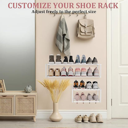 3 Pack Expandable Wall Mounted Shoe Rack, 17"-30"Adjustable Hanging Shoe Rack Holds 18 Pairs, Heavy Duty Metal Shoe Racks Holder with 6 Storage Hooks, Space Saving for Entryway Closet Doorway（White)