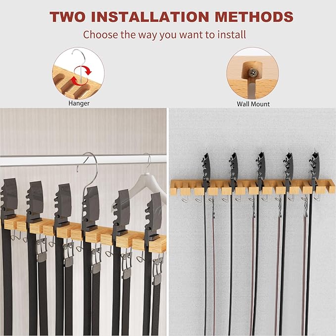 Belt Hanger for Closet Max 42 Belts, 2-in-1 Wall Mount Belt Organizer with 360° Rotating Hooks, Wooden Tie and Belt Rack for Closet Accessories Organizers and Storage, 12+11 Storage
