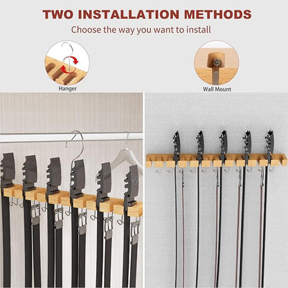 Belt Hanger for Closet Max 42 Belts, 2-in-1 Wall Mount Belt Organizer with 360° Rotating Hooks, Wooden Tie and Belt Rack for Closet Accessories Organizers and Storage, 12+11 Storage