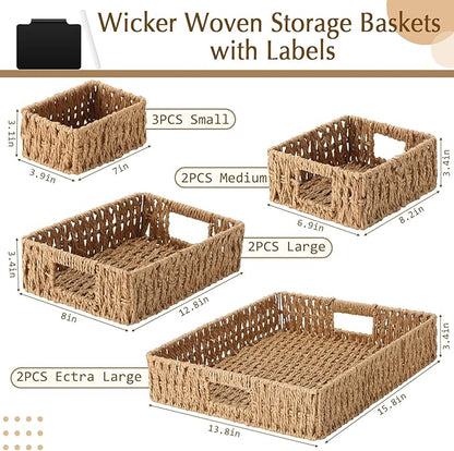 Marsui 9 Pcs Paper Rope Storage Baskets with Handle Labels Handwoven Multi-size Primary Color Storage Bins for Organizing Small Baskets Container for Shelves Closet Pantry Toilet
