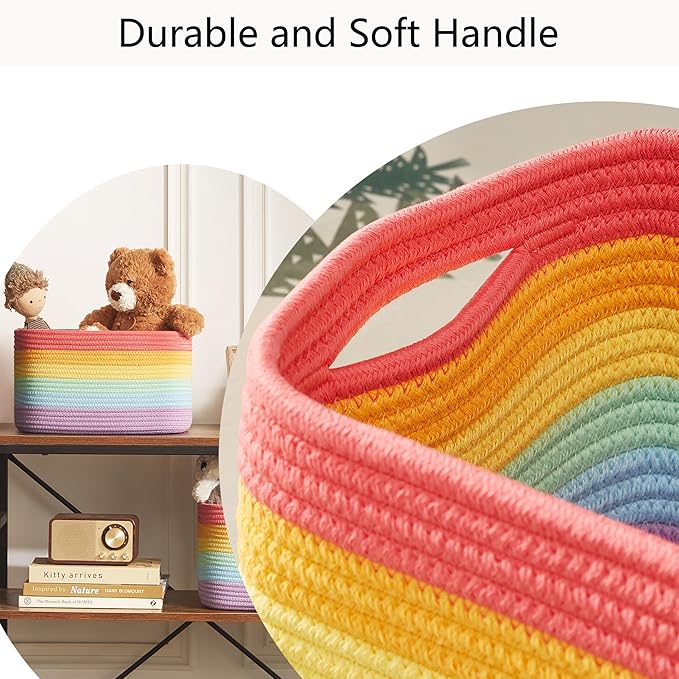 Rainbow Rope Basket for Storage 4 Pack Cotton Rectangular Baskets for Shelves Woven Toy Storage Bins for Nursery Kids in Classroom 12.7"Lx9"Wx7.9"H