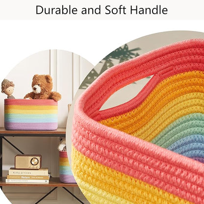 Rainbow Rope Basket for Storage 4 Pack Cotton Rectangular Baskets for Shelves Woven Toy Storage Bins for Nursery Kids in Classroom 12.7"Lx9"Wx7.9"H
