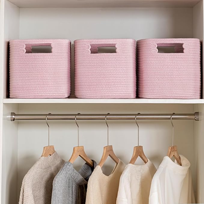 UBBCARE 4 Pack Storage Baskets for Organizing, Shelf Baskets with Handles, Woven Storage Baskets for Bookcase/Cube Shelf/Closet, 14.5"L x 9.8"W x 9"H, Pink