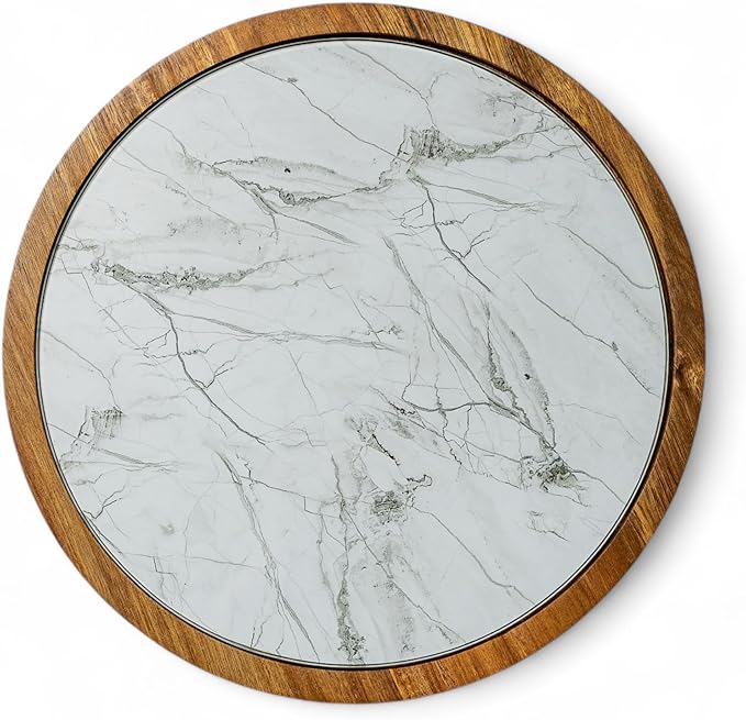 Rickby, 12" Premium Acacia Wood Lazy Susan Turntable for Table Top with Removable Marble Texture Glass Plate, Wooden Lazy Susan for Dining Table Centerpiece & Kitchen Countertop