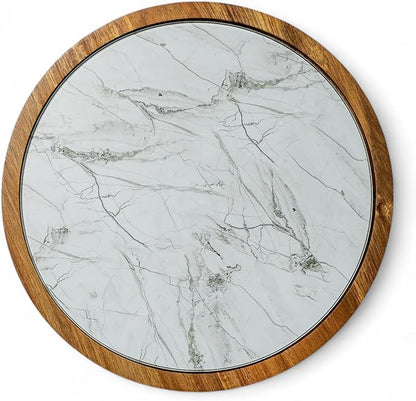 Rickby, 12" Premium Acacia Wood Lazy Susan Turntable for Table Top with Removable Marble Texture Glass Plate, Wooden Lazy Susan for Dining Table Centerpiece & Kitchen Countertop
