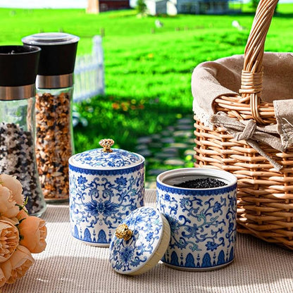 1 Pc Vintage Chinese Ceramic Porcelain Salt Cellar with Lid Ceramic Salt Holder Container for Coffee, Sugar, Spices and Candies, Airtight Spice Jar, Kitchen Storage Dish (Lotus in Vine)