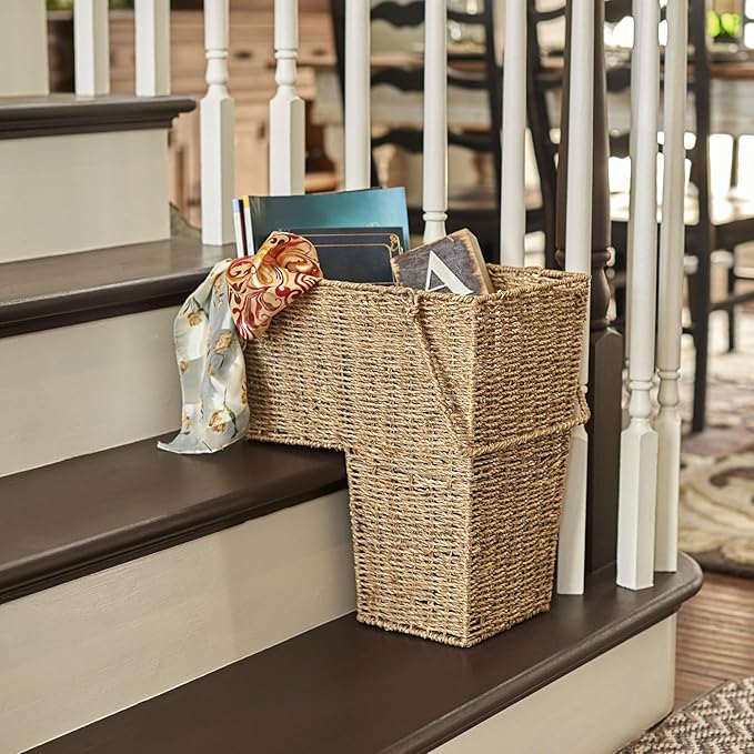 Household Essentials Wicker Stair Basket with Handles, Handwoven Seagrass, Natural