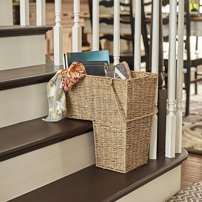 Household Essentials Wicker Stair Basket with Handles, Handwoven Seagrass, Natural