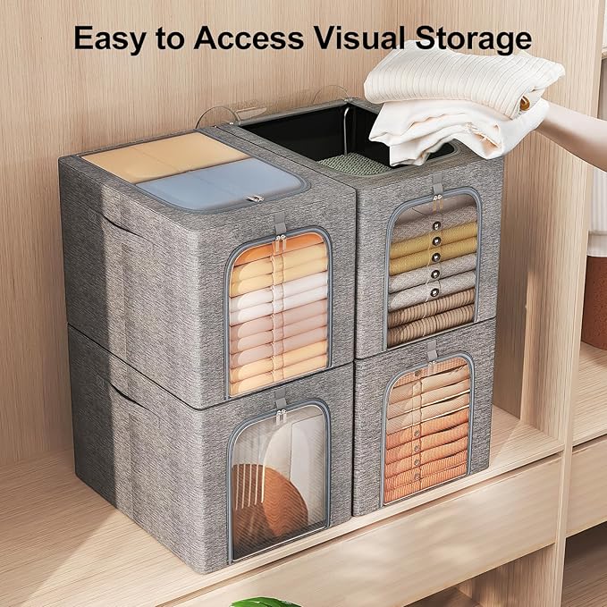 GoMaihe Clothes Storage Bins with Metal Frame, 4-Pack Closet Storage Bins with Lid & Clear Window, Sweater Boxes Organizer for Closet, Clothing Storage, Cationic Fabric 40L
