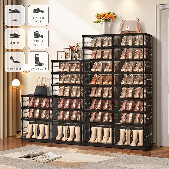 EHAMILY 3 Tiers 6-12 Pairs Foldable Shoe Rack for Closet Plastic Stackable Shoe Boxes for Garage Collapsible Shoes Shelf with Doors Storage Organizer Cabinet Quick Assembly,Black