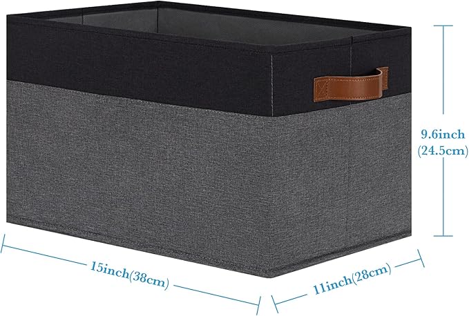 Large Fabric Storage Bins, Foldable Fabric Storage Baskets for Shelves, Sturdy Storage Boxes with PU Handles for Organizing Closet Home Bedroom Office (26L, 3 Packs, Grey&Black)