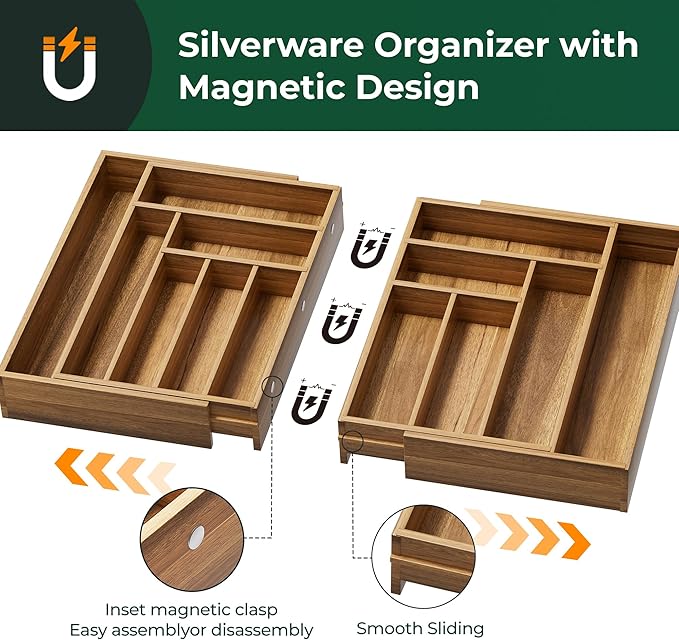 Large Silverware Organizer, 13 Slots Magnetic Connected Expandable Acacia Wood Utensil Drawer Organizer From 21 to 37.4 Inches, Adjustable Flatware and Cutlery Holder, Utensil Tray for Kitchen Natural