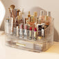 Makeup Organizer with 360° Rotating Brush Holder and Stackable Drawers, Cosmetic Display Case for Vanity, Bathroom Countertop (Clear, 2 Layer)