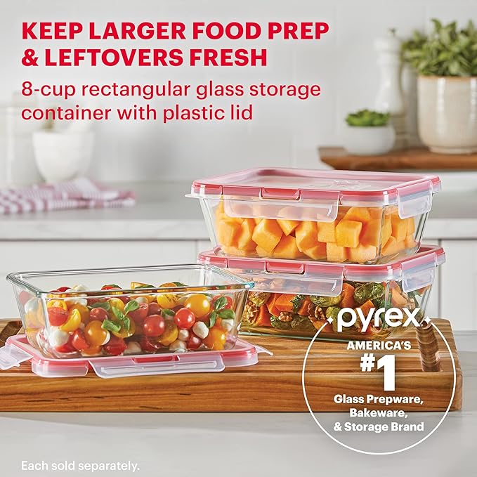 Pyrex Freshlock Glass Food Storage Container, Airtight & Leakproof Locking Lids, Freezer Dishwasher Microwave Safe, 8 Cup (Pack of 2)
