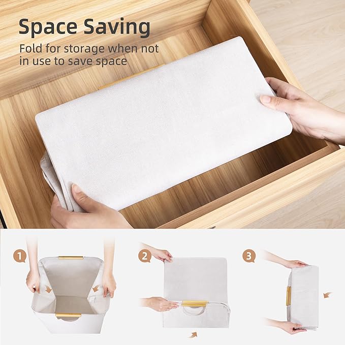 STORAGE MANIAC 3-Pack Large Laundry Hamper, 100L (26.4 Gal) Collapsible Laundry Basket with Bamboo Handles, Freestanding Waterproof Clothes Hamper for Laundry Room, Bedroom, Dorm, Towels, Toys, White