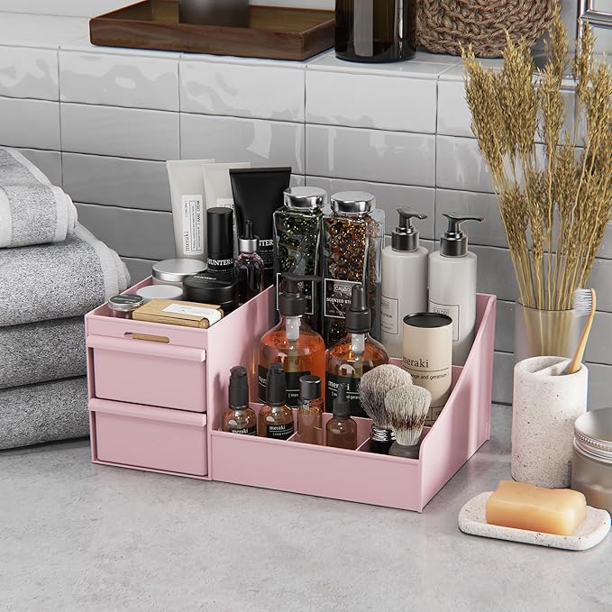 DancesCat Pink&2 Drawers Makeup Organizer Countertop, Vanity Organizer with 7 Compartments and 2 Drawers for Cosmetics, Skincare, Brushes, Perfume, Bathroom Counter Organizer